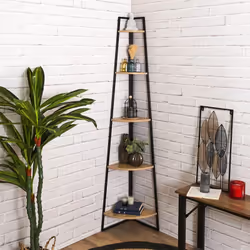 Altobuy - danga - Etagère d'Angle Métal Noir Plateau Imitation Bois - Marron clair
