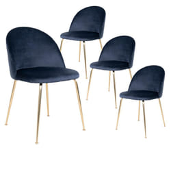 Meyrin - Lot de 4 Chaises Velours Bleu et Pieds Métal Doré - Bleu