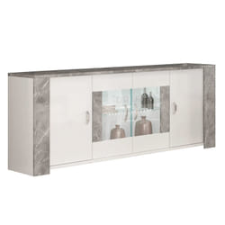 Chopin - Buffet 4 Portes Laqué Blanc et Effet Marbre Gris - Blanc