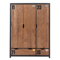 Tchad - Armoire 3 Portes 2 Tiroirs en Pin Massif avec Motifs - Marron foncé