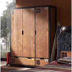 Tchad - Armoire 3 Portes 2 Tiroirs en Pin Massif avec Motifs - Marron foncé