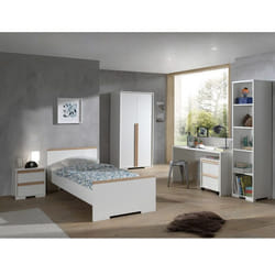 NASH WHITE - Lit 90x200cm + Chevet + Armoire 2P + Pack Bureau