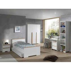 NASH WHITE - Chambre 90x200cm + Armoire 3P + Pack Bureau