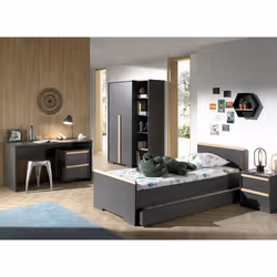 NASH DARK - Chambre 90x200cm + Armoire 2P + Pack Bureau