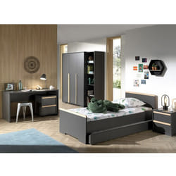 NASH DARK - Chambre 90x200cm + Armoire 3P + Pack Bureau