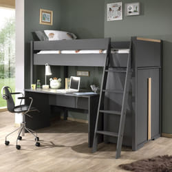 Nash dark - Pack Combiné Lit Mezzanine 90x200cm + Pack Bureau - Gris anthracite