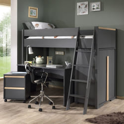 Nash dark - Pack Combiné Lit Mezzanine 90x200cm + Pack Bureau Complet