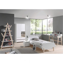 BODHI WHITE - Lit 90x200cm + Chevet + Armoire 2P + Pack Bureau