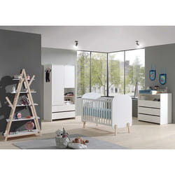 BODHI WHITE - Lit Bébé 60x120cm + Pack Commode + Armoire 2P + Etagère