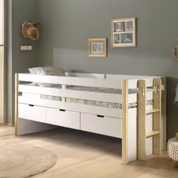 Olaf - Lit Surélevé 90x200cm à Tiroirs Blanc et Bois - Blanc
