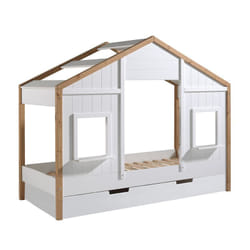 PONGO - Lit Maison 90x200cm Blanc et Pin à 2 Fenêtres + Tiroir