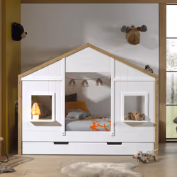 PONGO - Lit Maison 90x200cm Blanc et Pin à 2 Fenêtres + Tiroir