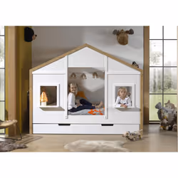 PONGO - Lit Maison 90x200cm Blanc et Pin à 2 Fenêtres + Tiroir