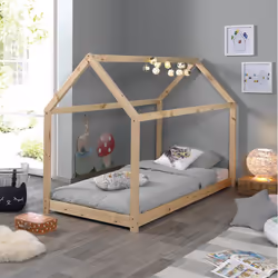 Pega - Lit Cabane 90x200cm en Pin Naturel + Matelas - Naturel