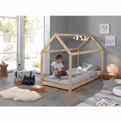 Pega - Lit Cabane 90x200cm en Pin Naturel + Matelas - Naturel