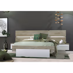 Nino light - Lit 180x200cm Effet Bois avec Leds + Chevets Suspendus - Marron clair