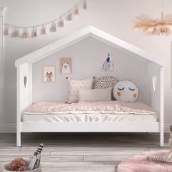 MILADY - Lit Cabane Ouvert 90x200cm Blanc Motifs Coeurs Ajourés