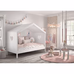 MILADY - Lit Cabane Ouvert 90x200cm Blanc Motifs Coeurs Ajourés
