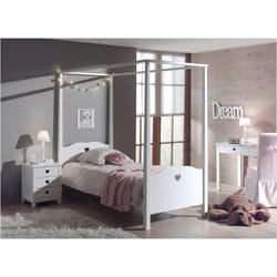 Milady - Pack Lit à Baldaquin 90x200cm + Chevet 3 Tiroirs - Blanc