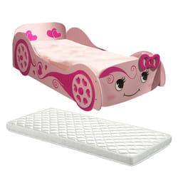 Lovely - Lit Voiture 90x200cm Rose Motifs Coeurs + Matelas - Rose