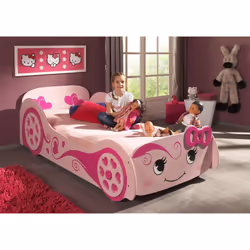 Lovely - Lit Voiture 90x200cm Rose Motifs Coeurs + Matelas - Rose