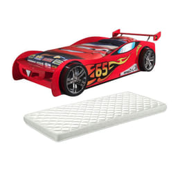 Turbo - Lit Voiture Racing 90x200cm Motifs Flammes + Matelas - Rouge