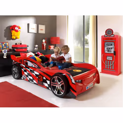 Turbo - Lit Voiture de Course 90x200cm Rouge et Damier - Rouge