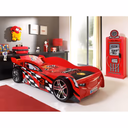 Turbo - Lit Voiture de Course 90x200cm Rouge et Damier - Rouge