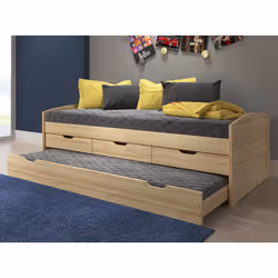 Oliver - Lit Gigogne 90x200cm + 3 Tiroirs Bois Massif - Naturel