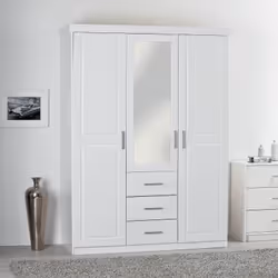 Alaska - Armoire 3 Portes 1 Miroir Bois Massif Vernis Blanc - Blanc