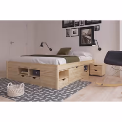 Cali - Lit 180x200cm multi-rangement Bois Massif - Naturel