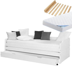 Barbara - Pack Lit Gigogne 3 Couchages 90x200cm Blanc + 2 Matelas Ibiza