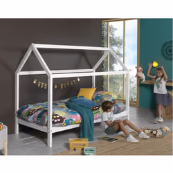 Arkan - Lit Cabane 90x200cm en Pin Massif Blanc + Matelas