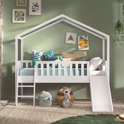 ARKAN - Lit Cabane Surélevé 90x200cm Pin Blanc avec Toboggan