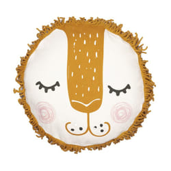 Altobuy - theo - Coussin Déhoussable Ø40cm Coton Motif Lion avec Franges de Macramé - Crème