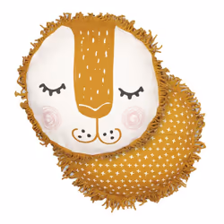 Altobuy - theo - Coussin Déhoussable Ø40cm Coton Motif Lion avec Franges de Macramé - Crème