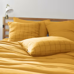 Ourea motif - Taie d'Oreiller 60x60cm Gaze de Coton Safran à Grands Carreaux - Jaune