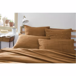 Ourea motif - Taie d'Oreiller 50x70cm Gaze de Coton Camel à Grands Carreaux - Marron - Vue supplémentaire 5
