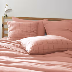 OUREA MOTIF - Taie d'Oreiller 50x70cm Gaze de Coton Rose Pêche à Grands Carreaux
