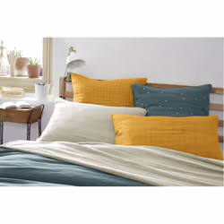 Ourea motif - Taie d'Oreiller 60x60cm Gaze de Coton Safran à Petits Carreaux - Jaune
