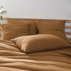 Ourea motif - Taie d'Oreiller 50x70cm Gaze de Coton Camel à Petits Carreaux - Marron
