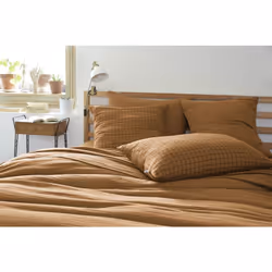Ourea motif - Taie d'Oreiller 50x70cm Gaze de Coton Camel à Petits Carreaux - Marron