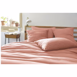 Ourea motif - Taie d'Oreiller 50x70cm Gaze de Coton Rose Pêche à Petits Carreaux - Rose