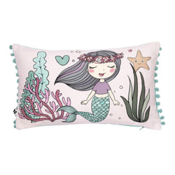 ARIEL - Coussin Déhoussable 30x50cm Coton Motif Sirène avec Pompons