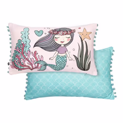 ARIEL - Coussin Déhoussable 30x50cm Coton Motif Sirène avec Pompons