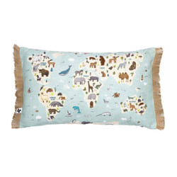 Altobuy - explore - Coussin Déhoussable à Franges 30x50cm Coton Motif Monde - Bleu