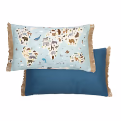 Altobuy - explore - Coussin Déhoussable à Franges 30x50cm Coton Motif Monde - Bleu