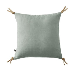 MARGAUX - Coussin Déhoussable 45x45cm avec Pompons Lin Lavé Coloris Eucalyptus