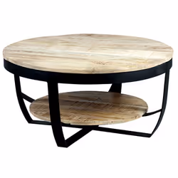 GARONA - Table Basse Ronde Ø80cm en Bois Massif et Métal Noir