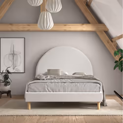 CONNIE - Lit 140x200cm Tête de Lit Demi-Lune Tissu Bouclé Blanc